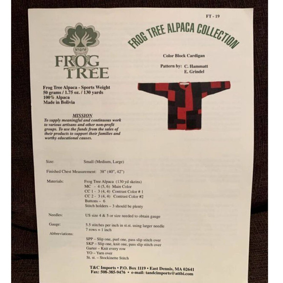 New Frog Tree FT-219 Alpaca Collection Color Block Cardigan Knitting Pattern - Picture 2 of 2